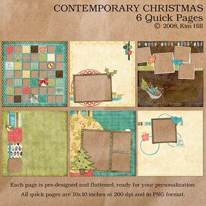 Può includere: Sei pagine di scrapbooking digitali a tema natalizio. Le pagine presentano una varietà di design, tra cui una trapunta patchwork, un albero di Natale e una slitta. Ogni pagina misura 10 pollici per 10 pollici e 200 dpi.