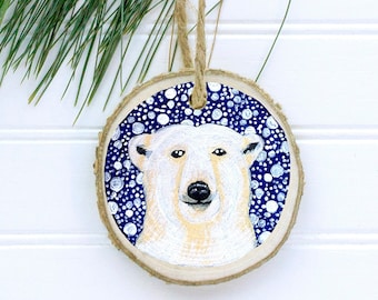 Winter Polar bear ornament, hand painted log slice, wooden Christmas ornaments - A lovely decoration perfect for any Christmas tree