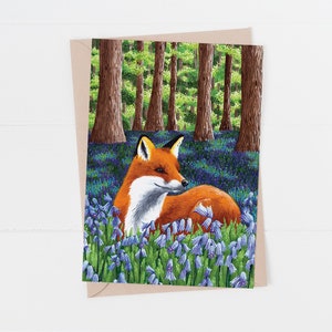 Fox birthday card, fox greetings card, fox and bluebells - A beautiful card perfect for a friend or family member who loves wildlife
