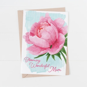 Tarjeta del día de la madre con peonía, rosa peonía, tarjeta de felicitación: una hermosa tarjeta para una madre maravillosa