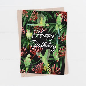 Tarjeta de cumpleaños de periquito de cuello anillado, tarjeta de feliz cumpleaños de loro, tarjeta de pájaros tropicales: una hermosa tarjeta brillante para un amigo o familiar