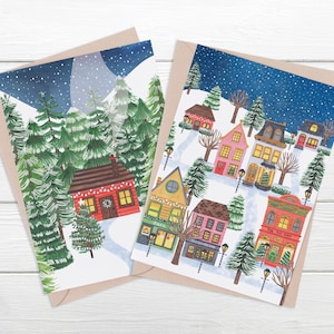 Cartes de Noël village et hutte, jeux de cartes de Noël, scène d'hiver - Un joli jeu de cartes de Noël à envoyer à vos proches