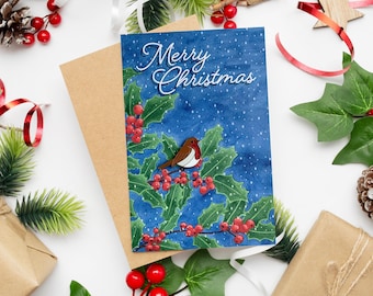 Robin Christmas card, bird pin badge, festive card - A lovely Christmas card that includes a pin badge as a gift for that special someone