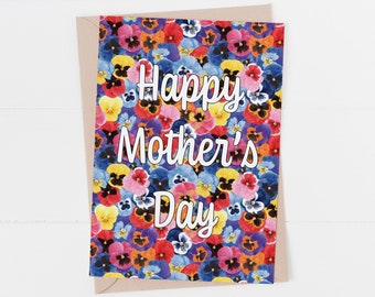 Happy mothers day pansy flower, mothers day card pansy, greetings card - a lovely bright card for any mother how loves flowers