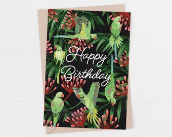Carte d'anniversaire de perruche à collier, carte de joyeux anniversaire de perroquet, carte d'oiseaux tropicaux - Une jolie carte lumineuse pour un ami ou un membre de la famille