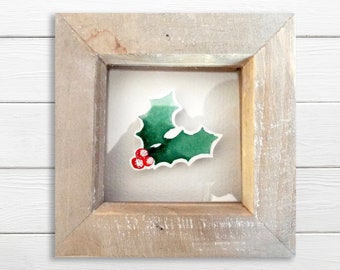 watercolour holly painting, dark green, mini art, mini painting, holly, watercolour holly, framed