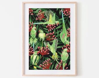 Green parrot print, parrot art, botanical print - A beautiful print thats perfect for brightening up that empty space