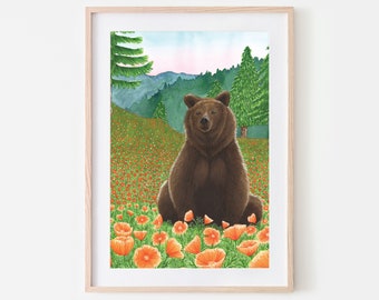 California bear print, bear wall art, bear watercolour - A gorgeous scenic art print perfect for adding bright in the home.