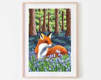 Fuchs und Glockenblumen, Fuchs Kunstdruck, Tierkunst - Ein schöner Druck ist die perfekte Möglichkeit, die Tierwelt ins Haus zu holen