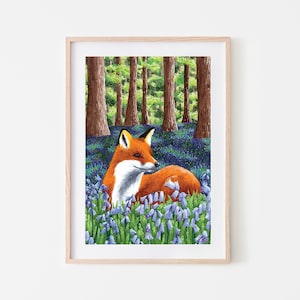 Fox and bluebells, floral fox art print, animal artwork - A beautiful print perfect way to bring wildlife into the home
