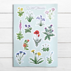 Hoja de pegatinas de flores, pegatinas de flores, flores silvestres británicas: una hoja de pegatinas perfecta para usar en un diario o bullet journal