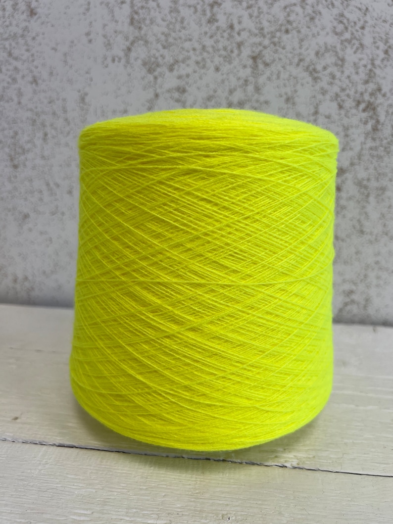 Fluorescent yellow yarn cone, Acrylic yarn bright yellow, Very thin lace thread yarn for knitting, Machine knitting yarn, Gift for knitter.