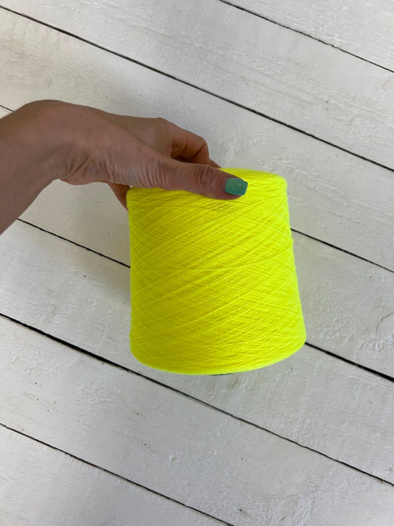 Fluorescent yellow yarn cone, Acrylic yarn bright yellow, Very thin lace thread yarn for knitting, Machine knitting yarn, Gift for knitter.
