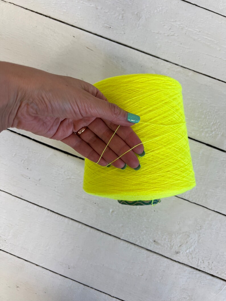 Fluorescent yellow yarn cone, Acrylic yarn bright yellow, Very thin lace thread yarn for knitting, Machine knitting yarn, Gift for knitter.