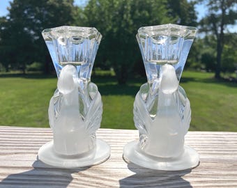 Vintage Party Lite Crystal Swan Pair with Clear & Frosted Candle Holders