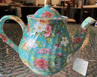 Vintage Arthur Wood Teal Chintz Floral Swirl Teapot Staffordshire England