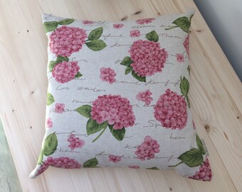 Hydrangea Pillow Cover, Linen Cotton Floral Cushion (16x16)