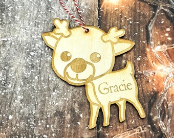 Personalised Reindeer Bauble - wooden hanging decoration for the Christmas Tree engraved with any name