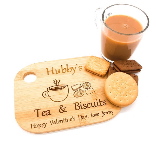 Personalised Tea, Coffee & biscuits treat board with engraved message. Gift for mum, dad, grandparents. Birthday, Anniversary, Christmas