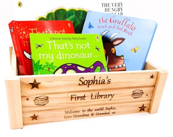 Story Book Crate - personalised my first library book box. Ideal in nursery for children's books. Engraved with a message for a special gift