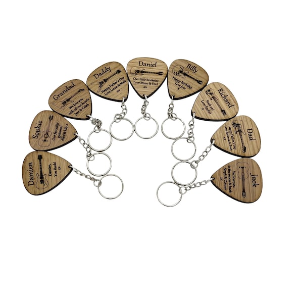 Personalised Plectrum shape guitar keyring, engraved with name & message. 9 designs. Gift for guitarist for Birthday, Father's Day