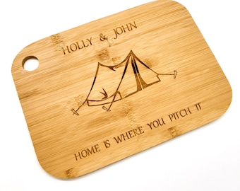 Personalised Camping Gift / Accessory. Bamboo chopping board for camping trips / tent. Couples, campers, anniversary, birthday, Christmas