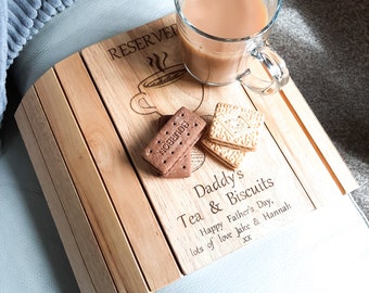 Personalised Sofa Tray & engraved message. Tea, coffee and biscuits adjustable tray for sofa arm, armchair. Birthday gift, dad, mum, grandad