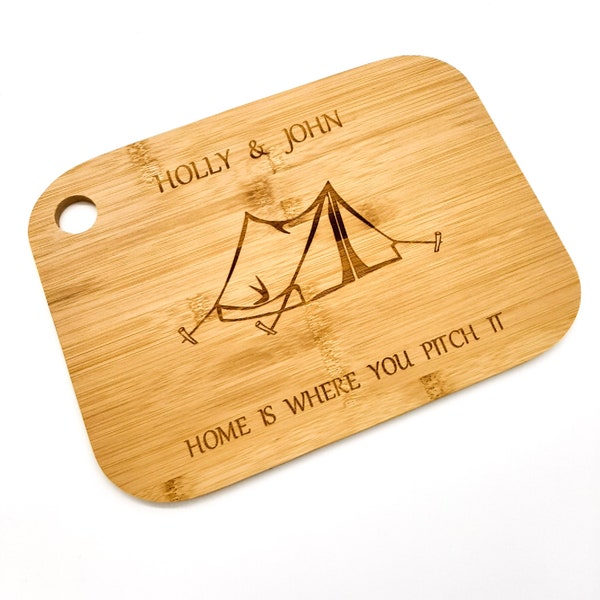 Personalised Camping Gift / Accessory. Bamboo chopping board for camping trips / tent. Couples, campers, anniversary, birthday, Christmas