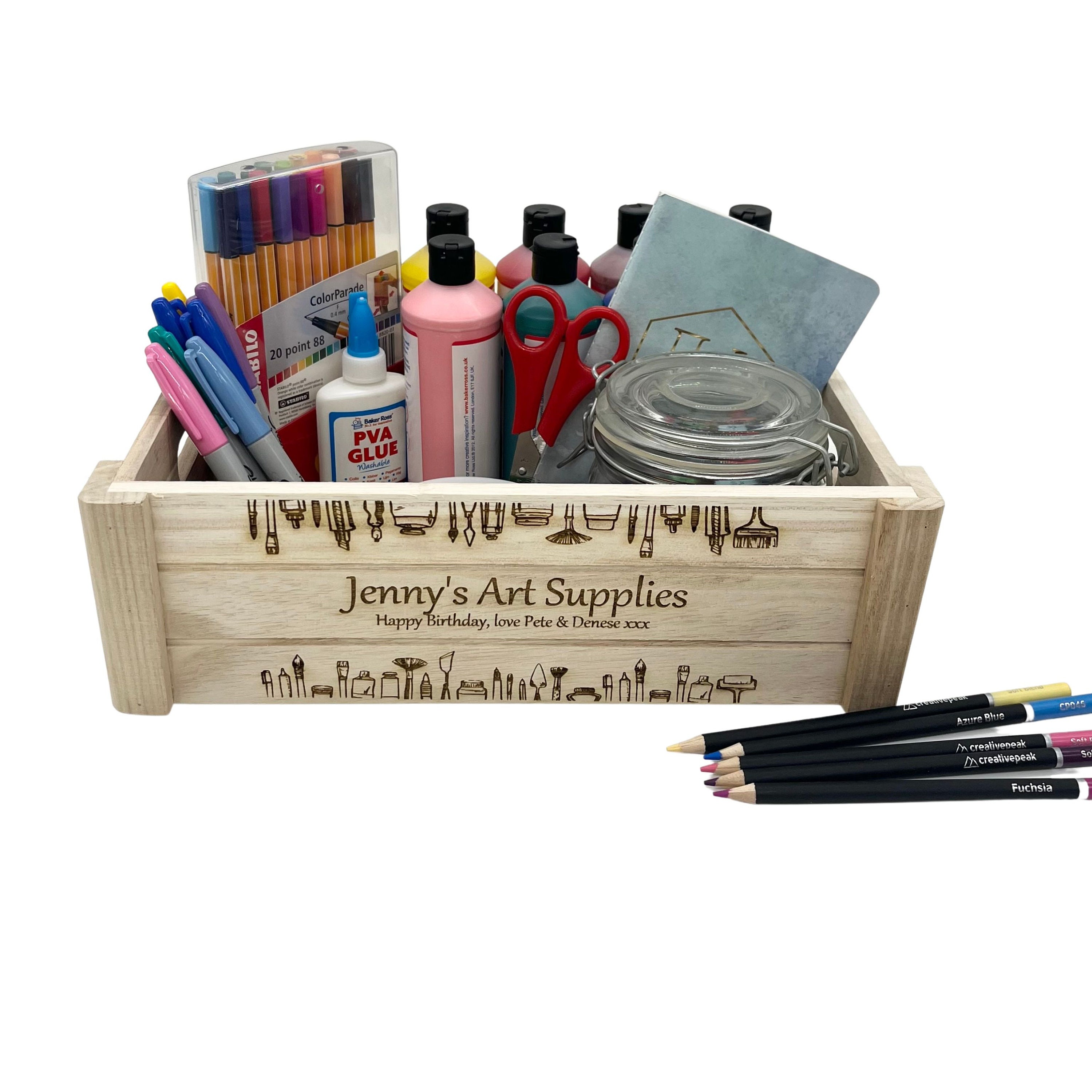 Personalised Artist Gift Set, Large Art Box & Sketchbook, Engraved