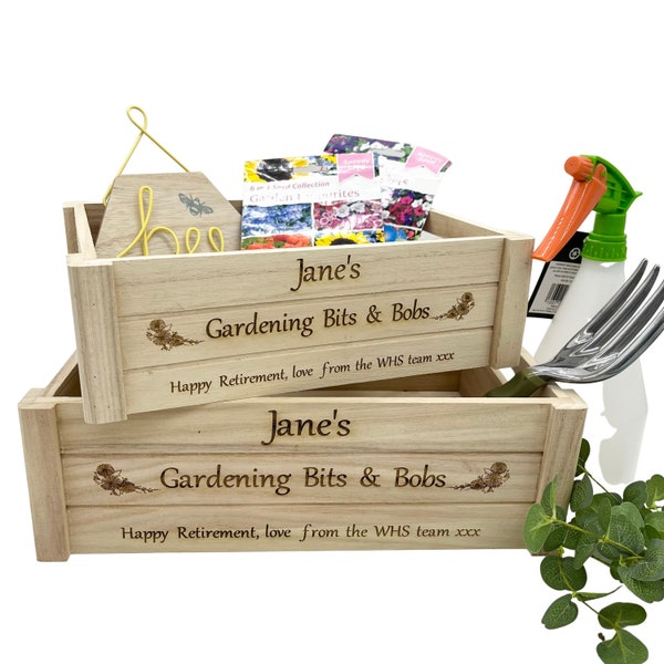 Personalised Garden Crate, Box engraved with a retirement message. Retirement gift, 2 sizes available
