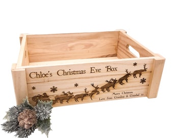 Christmas Eve Box, personalised with name & message. Wooden box, crate with traditional Santa sleigh design.