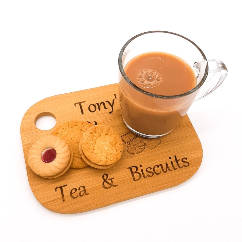 Personalised Tea Coffee and biscuits treat board. Gift from Etsy