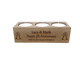 Personalised wooden candle / tealight holder & choice of candle colours. 5th Wedding Anniversary, year can be changed. Wood anniversary.