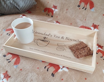 Personalised Tea, Coffee & Biscuits Tray, engraved with a message. 5 sizes, lap tray. Ideal gift from children to parents and grandparents