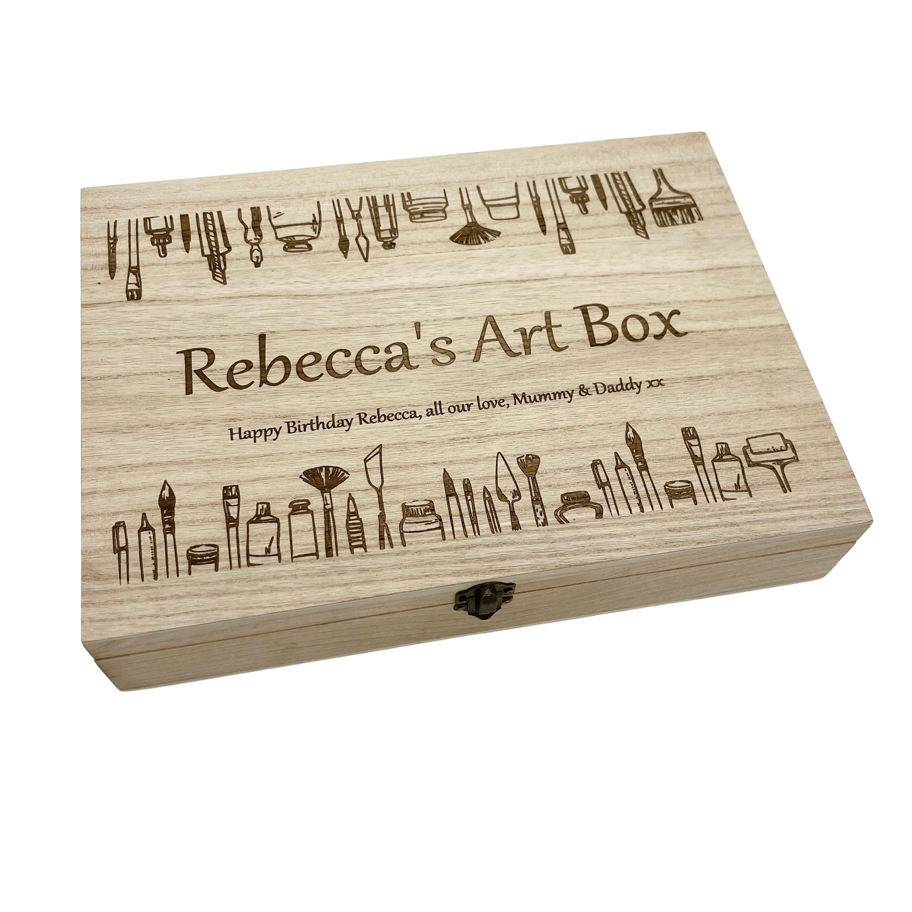 Personalised Art Box With Engraved Message, Gift Idea for Art Lovers,  Artists for Storing Paintbrushes or Pencils. 2 Sizes 