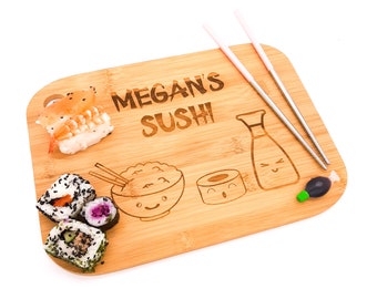 Personalised Sushi gift set. Serving Board & Reusable Chopsticks. Japanese, Kawaii style. 5 colours. Sushi lover gift, Birthday, Christmas