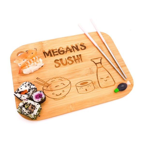 Personalised Sushi gift set. Serving Board & Reusable Chopsticks. Japanese, Kawaii style. 5 colours. Sushi lover gift, Birthday, Christmas