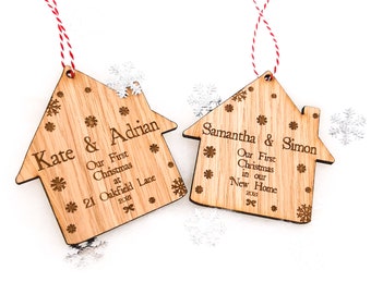 Personalised First Christmas in New Home  / Address bauble, wooden hanging decoration.