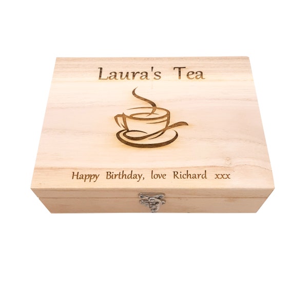 Personalised Tea storage box and engraved message. 6 compartments. Storage teabags & herbal teas. Tea caddy, mum, grandma, tea lovers gift