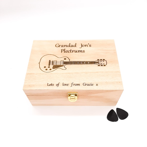 Boîte personnalisée de plectres et de médiators avec message gravé. 4  compartiments. Amateur de musique, cadeau de guitariste. Papa, mari,  grand-père -  France