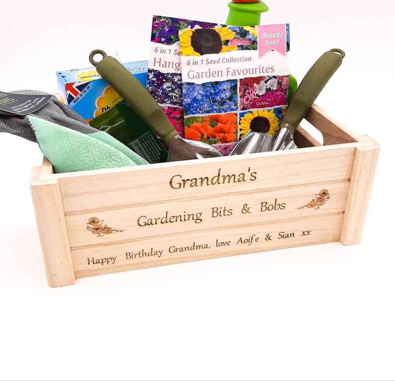 Personalised gardening crate, box. Gift for garden lovers. For garden, allotment, greenhouse to store seeds & tools. Grandma, grandad, mum image 1