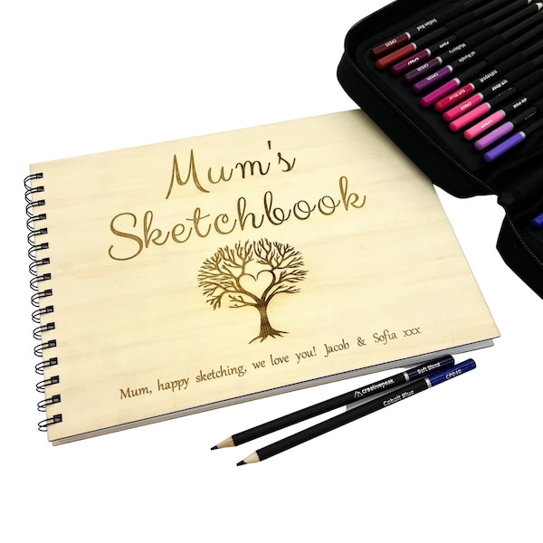 Personalised Sketchbook engraved with message & wooden cover. Ideal art gift. A4 portrait or landscape