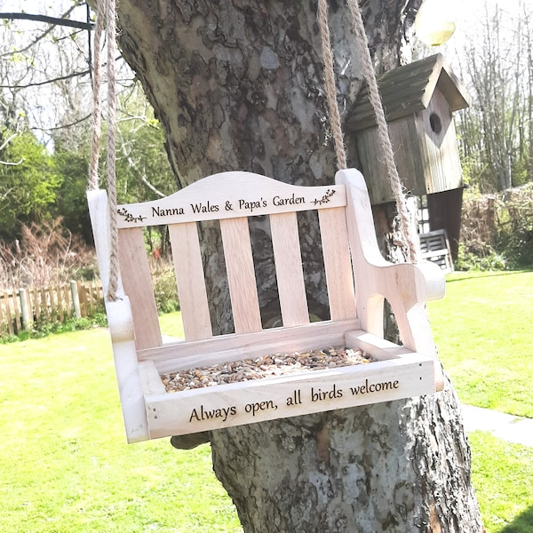 Personalised Bird Feeder Swing. Engraved with any name, family member. Ideal garden, bird lovers gift.