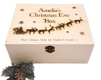 Wooden Christmas Eve Box engraved with name & message. Traditional Santa and Reindeer design.