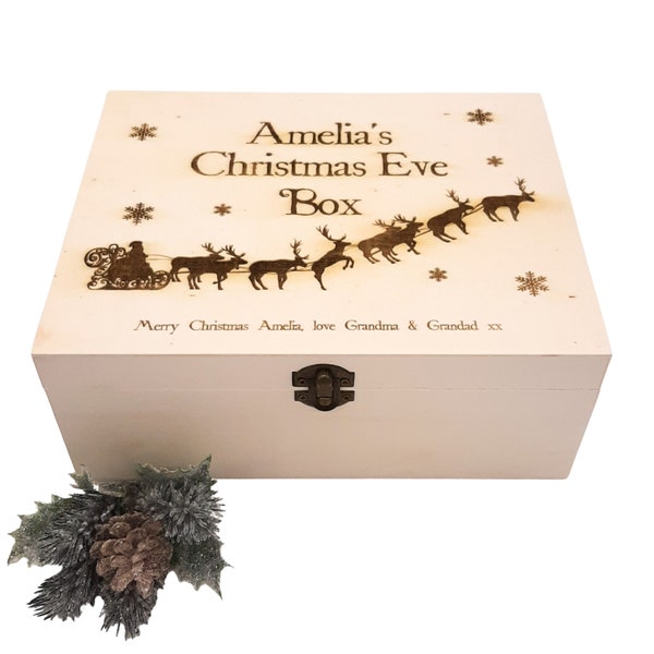 Wooden Christmas Eve Box engraved with name & message. Traditional Santa and Reindeer design.