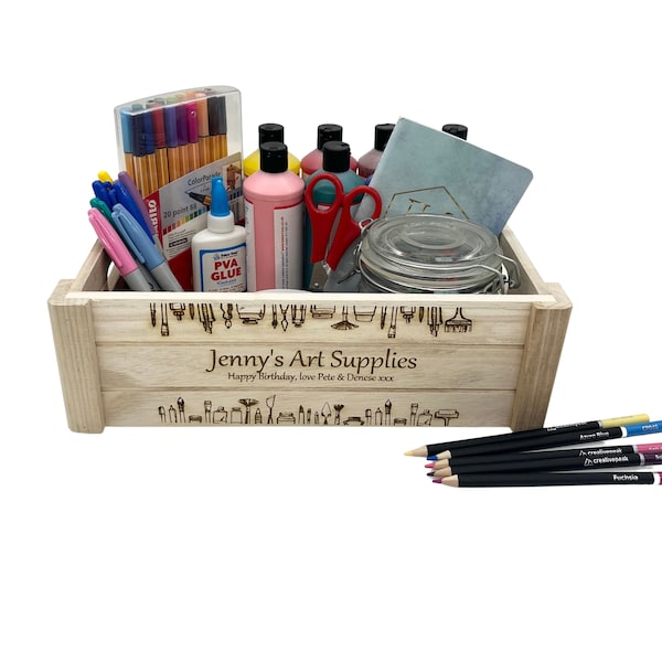 Personalised Art Supplies storage crate, box engraved with a message. Ideal art lovers, painters gift