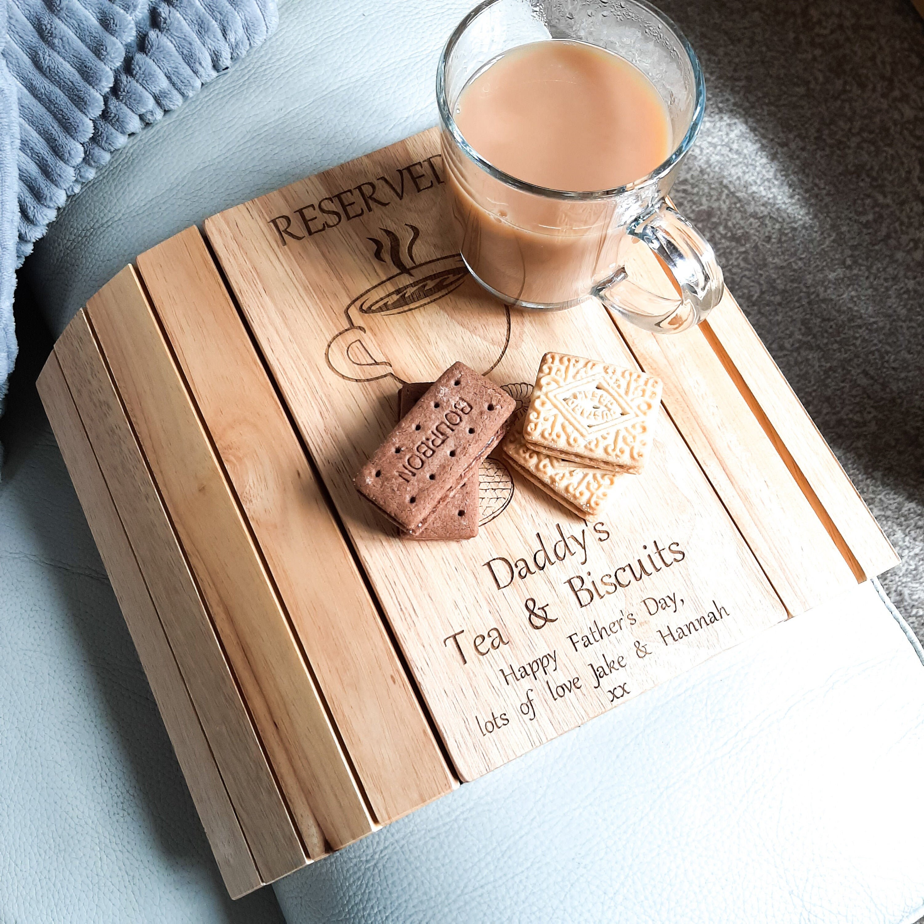 Personalised Sofa Tray & engraved message. Tea, coffee and biscuits a…