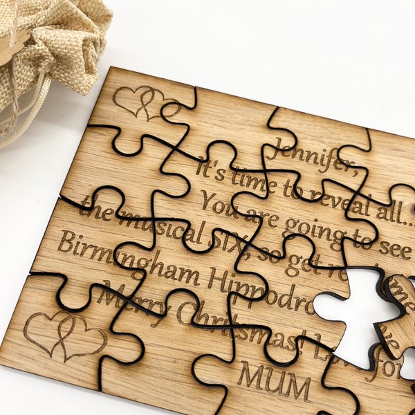 Personalised Christmas gift reveal jigsaw puzzle. Announce theatre tickets, holiday, football tickets and more