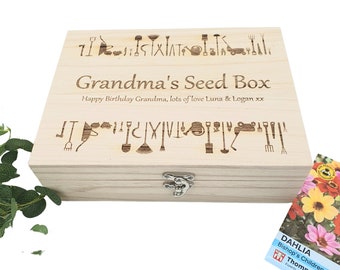 Personalised Seed Box with engraved message. Gift for grandma, grandad or any gardening lover. Use in garden, allotment, greenhouse