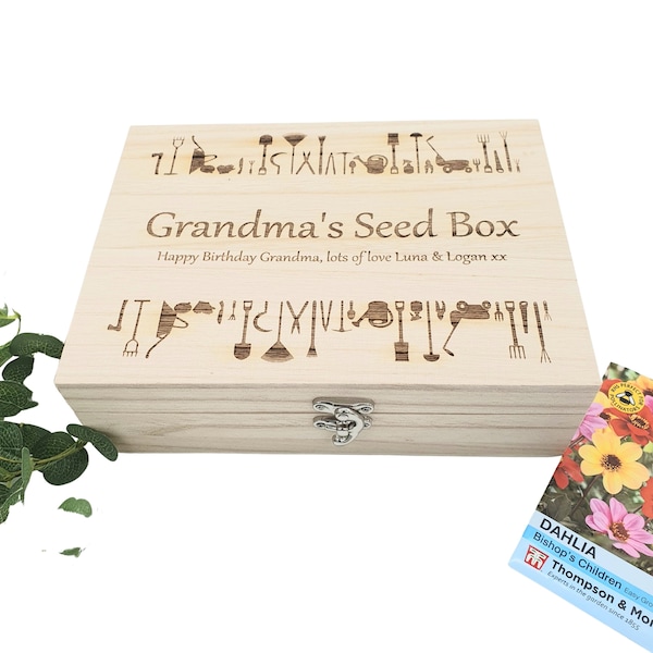 Personalised Seed Box with engraved message. Gift for grandma, grandad or any gardening lover. Use in garden, allotment, greenhouse